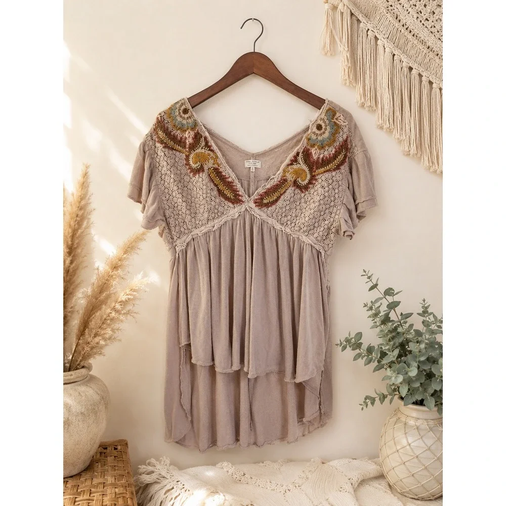 Free People Fiesta Nueva Embroidered Boho Tunic Blush Small Hi-Low Top